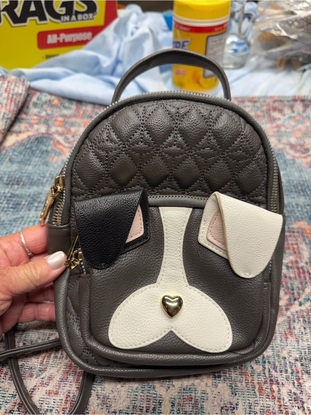 Betsey Johnson Quilted Gray Mini Backpack with Cream & Black Dog Face